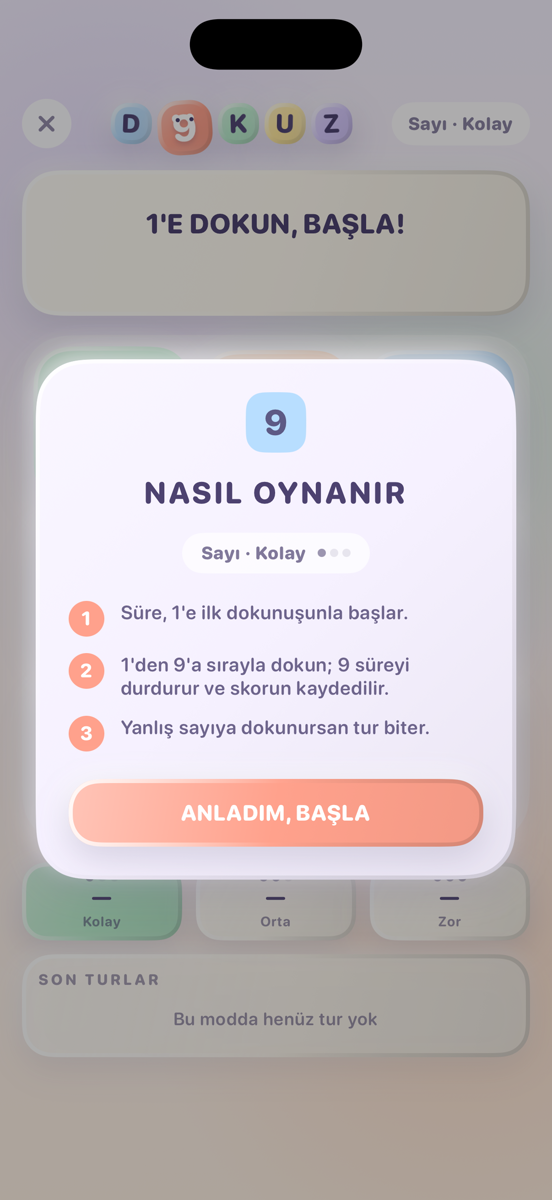 Sayı modu oyun ekranı: üçe üç kil kareler ve süre kartı